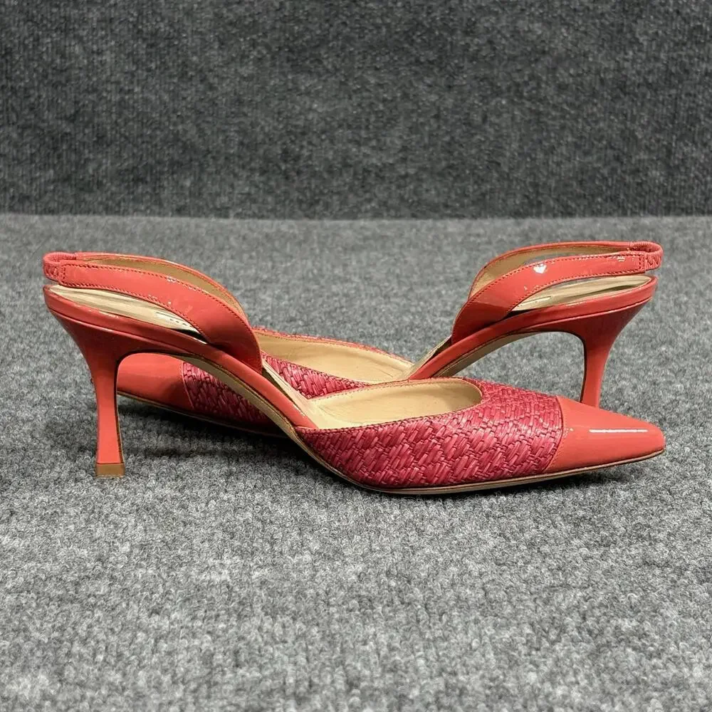 Manolo Blahnik Slingback Heels Womens 5 Pink Capsli Raffia Leather Italy Shoes